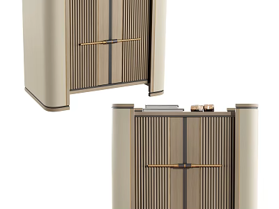 Modern Bedside Table with Vertical Slats Gold Handles Beige Wood Tones and Decor 3d model
