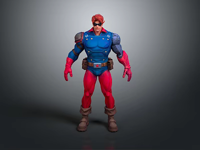 Superhero Action Figure With Red Hair Blue Top Red Pants Shoulder Pads And Brown Boots 3d model