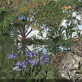 Lush Green Shrubs With Purple Flowers And Leafy Foliage In Natural Garden Setting