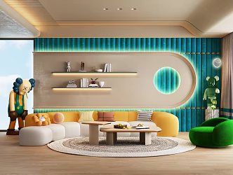 Modern Light Luxury Sofa Backwall Chocolate Bubble Casual Sofa Coffee Table Chandelier Table Lamp Wall Lamp kaws Violence Bear Doll Decorative Ornaments Bookshelf Bookcase Plant 3d model