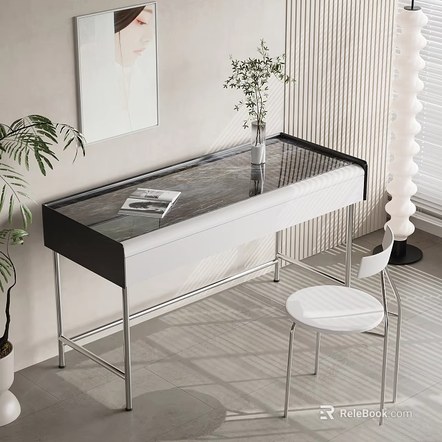 Modern Study Desk With Glass Top Black White Design Metal Legs And Vase Plant 3d model 