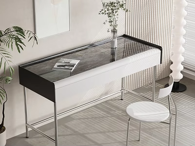 Modern Study Desk With Glass Top Black White Design Metal Legs And Vase Plant 3d model