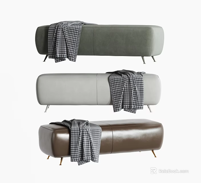 Modern Grey Beige Brown Ottoman Benches With Checkered Blankets And Metal Legs 3d model 