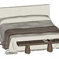 Double Bed With White Upholstered Headboard White Sheets Brown Throw And Wooden Bench