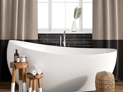 White Freestanding Oval Bathtub With Wooden Stools Bath Products And Green Plant 3d model