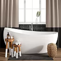White Freestanding Oval Bathtub With Wooden Stools Bath Products And Green Plant