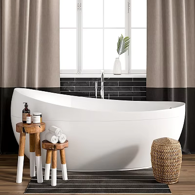 White Freestanding Oval Bathtub With Wooden Stools Bath Products And Green Plant 3d model