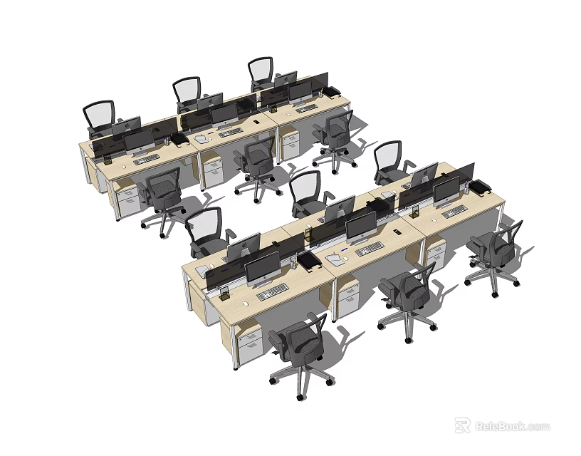 Office Desks Setup With Computer Monitors And Ergonomic Chairs In Workspace 3d model