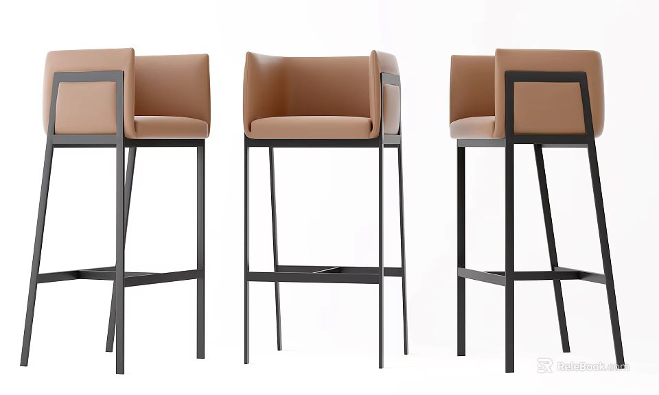 Modern Bar Stools With Brown Upholstered Seats And Black Metal Frames 3d model 