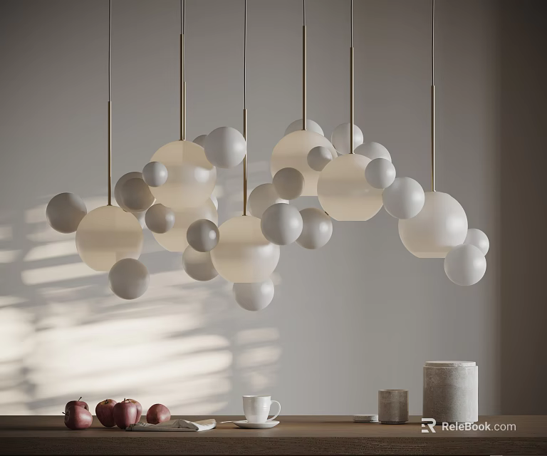 Modern Spherical Chandelier With White And Gray Balls On Golden Rods For Minimalist Living Space 3d model 