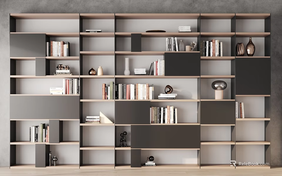 Modern Bookcase With Open Shelves And Modular Design Featuring Books And Decorative Items 3d model