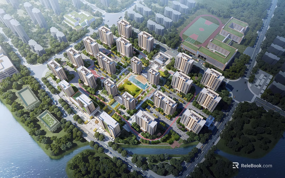 Aerial View Planning of Residential Community With Central Green Courtyard Waterfront and Sports Field 3d model 