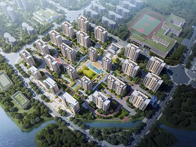 Aerial View Planning of Residential Community With Central Green Courtyard Waterfront and Sports Field 3d model