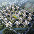Aerial View Planning of Residential Community With Central Green Courtyard Waterfront and Sports Field