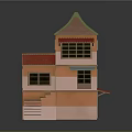 Cartoon Scene House With Green And Red Roofs Orange Walls Windows Stairs And Awnings