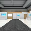 Modern Hall Interior With Gray Carpet White And Wooden Walls Blue Equipment And Screens