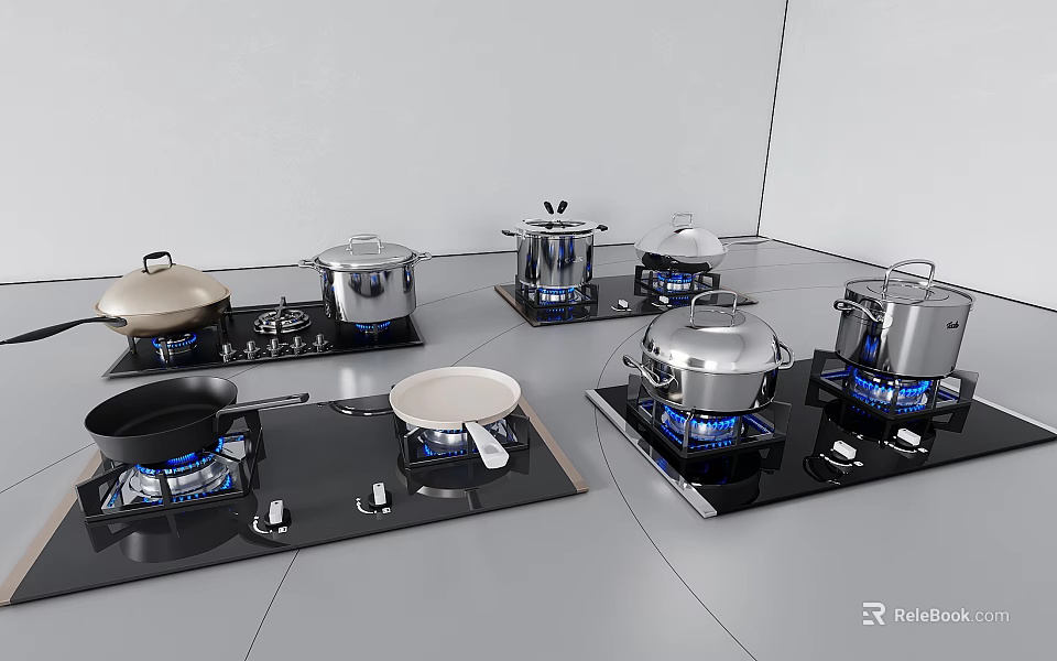 Essential Kitchen Cookware Including Pots and Pans on Gas Stoves with Blue Flames 3d model 