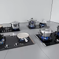 Essential Kitchen Cookware Including Pots and Pans on Gas Stoves with Blue Flames