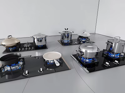 Essential Kitchen Cookware Including Pots and Pans on Gas Stoves with Blue Flames 3d model