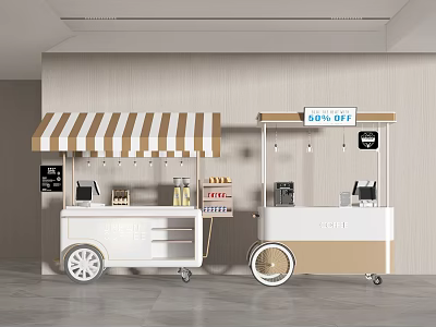 Modern Mobile Food Carts Featuring Striped Awning Coffee Drinks And Bites Setup 3d model
