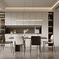 Minimalist Modern Restaurant Interior with Dining Table Chairs Hanging Lights and Glass Wine Cabinet