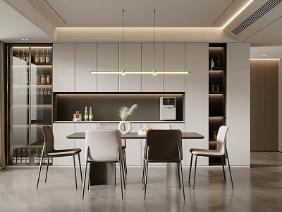 Minimalist Modern Restaurant Interior with Dining Table Chairs Hanging Lights and Glass Wine Cabinet 3d model