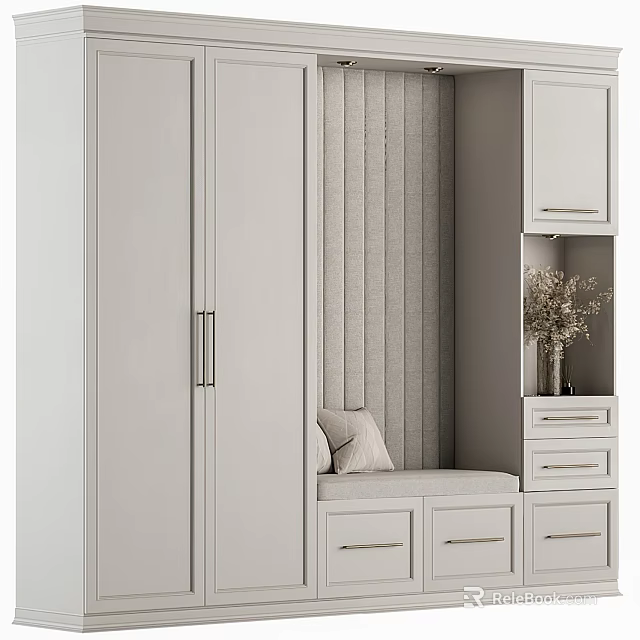 Modern Light Luxury Gray Shoe Cabinet With Cushion Seat Drawers And Storage 3d model 