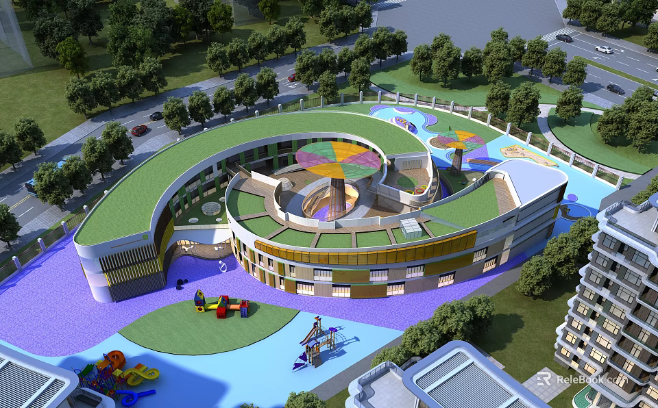 Modern Circular School Building with Green Roof Playground and Play Equipment Surrounded by Trees 3d model 