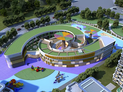 Modern Circular School Building with Green Roof Playground and Play Equipment Surrounded by Trees 3d model