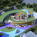 Modern Circular School Building with Green Roof Playground and Play Equipment Surrounded by Trees