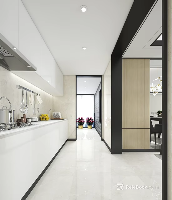 Elegant Modern Kitchen Interior With White Cabinets Marble Countertops And Wooden Elements 3d model