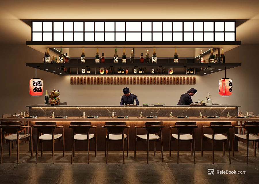 Cozy Traditional Japanese Restaurant Interior With Spacious Wooden Bar Counter Comfortable Seats And Sake Displays 3d model 