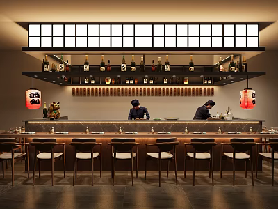 Cozy Traditional Japanese Restaurant Interior With Spacious Wooden Bar Counter Comfortable Seats And Sake Displays 3d model