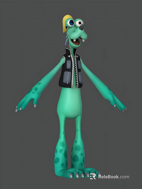 Cartoon Reptile Character With Green Spotted Skin Long Arms Legs And Black Vest 3d model 