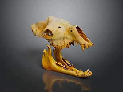 Yellowish Brown Animal Skull With Spotted Surface Open Mouth And Sharp Teeth On Dark Background 3d model