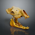 Yellowish Brown Animal Skull With Spotted Surface Open Mouth And Sharp Teeth On Dark Background
