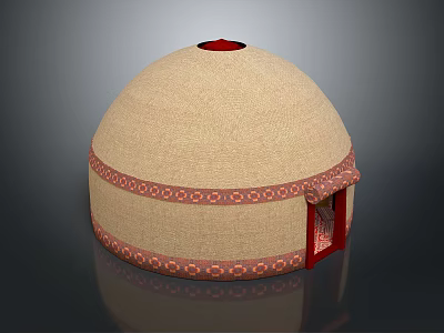 Traditional Yurt Architecture With Beige Felt Dome Red Decorative Band And Wooden Door 3d model
