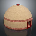 Traditional Yurt Architecture With Beige Felt Dome Red Decorative Band And Wooden Door