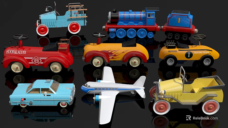 Colorful Vintage Toy Vehicles Collection With Classic Cars Airplane And Trucks 3d model 