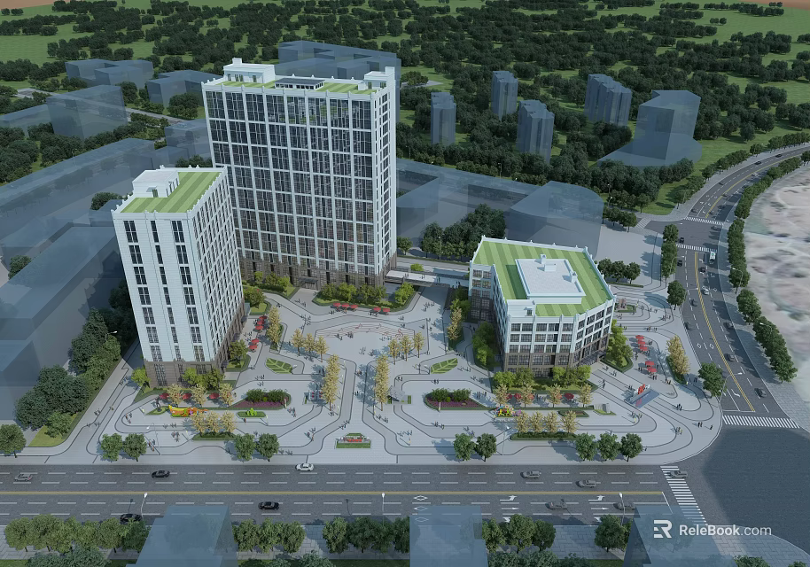 Modern Office Complex With Green Roofs Surrounded By Plaza Trees And Urban Roads 3d model 