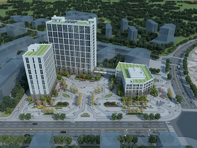 Modern Office Complex With Green Roofs Surrounded By Plaza Trees And Urban Roads 3d model