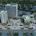 Modern Office Complex With Green Roofs Surrounded By Plaza Trees And Urban Roads