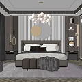 Modern Luxurious Bedroom Interior With Striped Wall Circular Mirror White Chandelier And Ottoman