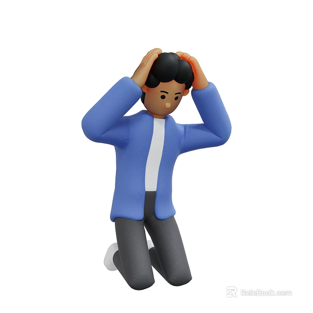Kneeling Man with Hands on Head Wearing Blue Jacket and Gray Pants 3d model 
