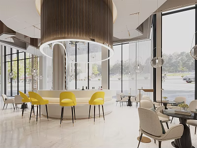 Hotel Public Lounge Area With Modern Design Large Windows Yellow Bar Stools And Comfortable Seating 3d model