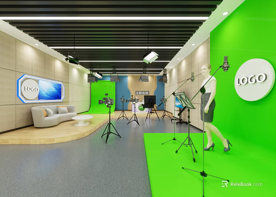 Professional Studio Setup With Green Screen Camera Microphone Stand Logo Sofa And Model 3d model