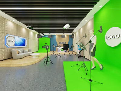 Professional Studio Setup With Green Screen Camera Microphone Stand Logo Sofa And Model 3d model