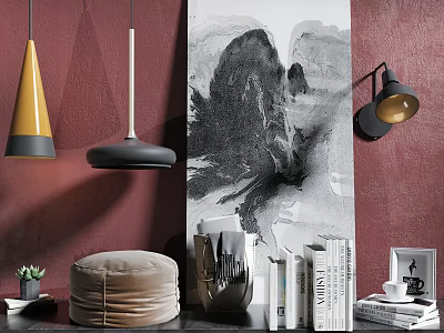 Decorative Ornament Set With Red Wall Black White Abstract Painting Pendant Lights And Books 3d model