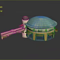 Ancient Scene With Dome Building Yellow Base Orange Canopies Tower And Connecting Walkway