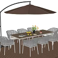 Modern Outdoor Dining Set With Wooden Table Rattan Chairs And Umbrella On Deck